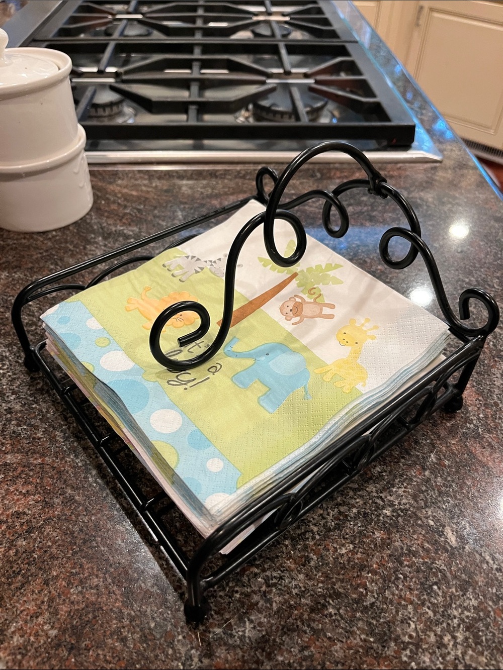 Black Metal Napkin Holder with Scroll Handle -